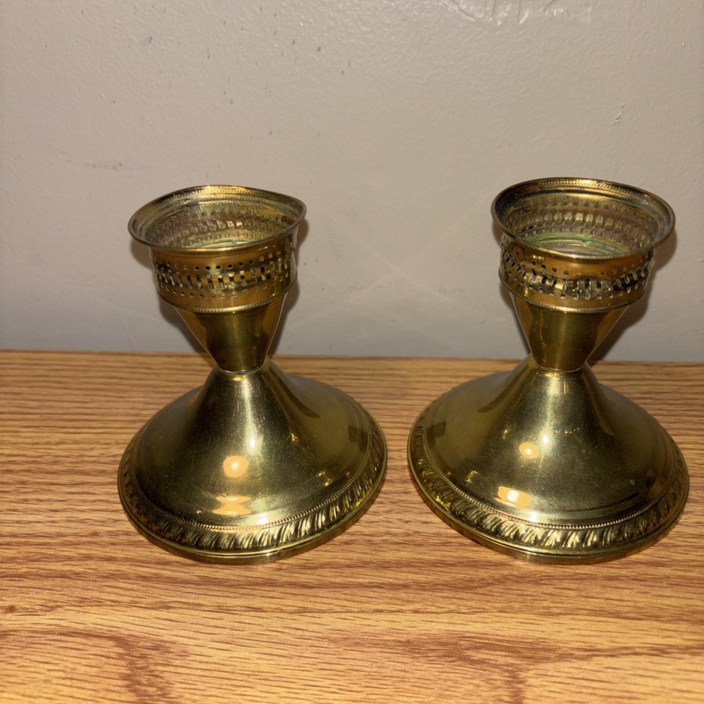 VINTAGE Duchin Hand Spun Jewelers Brass Candle Holders  Pierced Top
